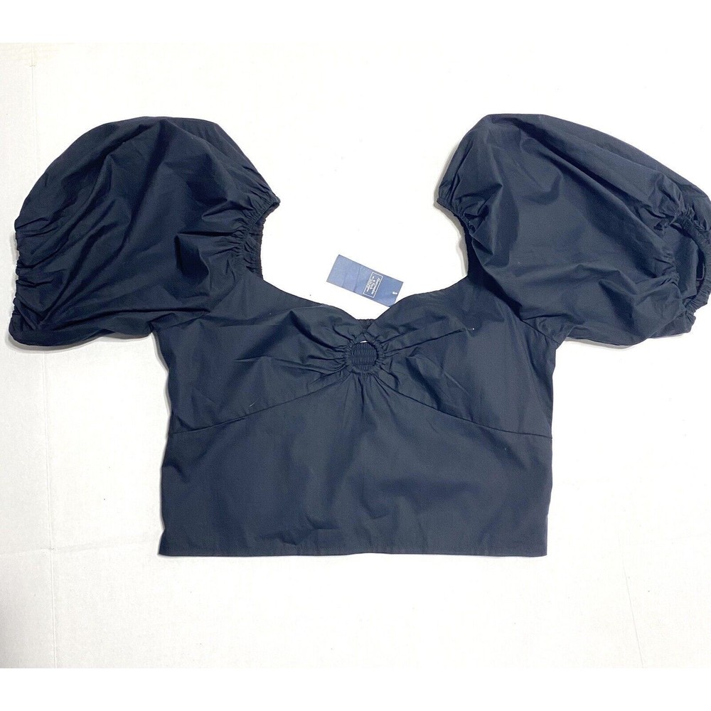 NEW Abercrombie & Fitch BLACK Elastic SHIRRED Peasant SIZE L Cropped Top STRETCH